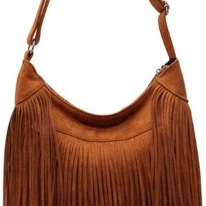 Multi-Way Suede Fringe Tote Bag with Golden Hardware - Ideal for Every Occasion
